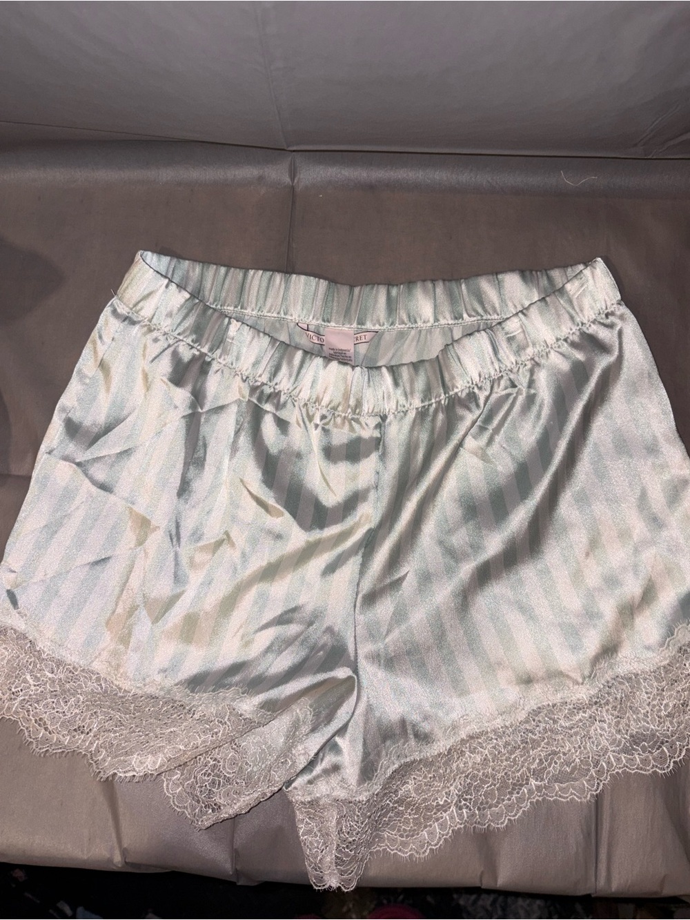 Victoria's Secret Mint & White Striped Satin Lace-Trim Sleep Shorts